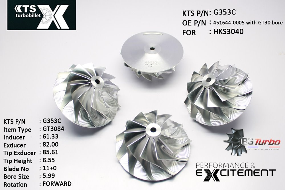 Turbo ROUE FORGÉE MFS PERFORMANCE - 11+0 PALES - INDUCER : 61,33 - EXDUCER : 82 - TYPE : GT3084ANGLE : 45° - ROTATION : Forward - SUPER BACK : 2,35 - BORE SIZE : 5,99
